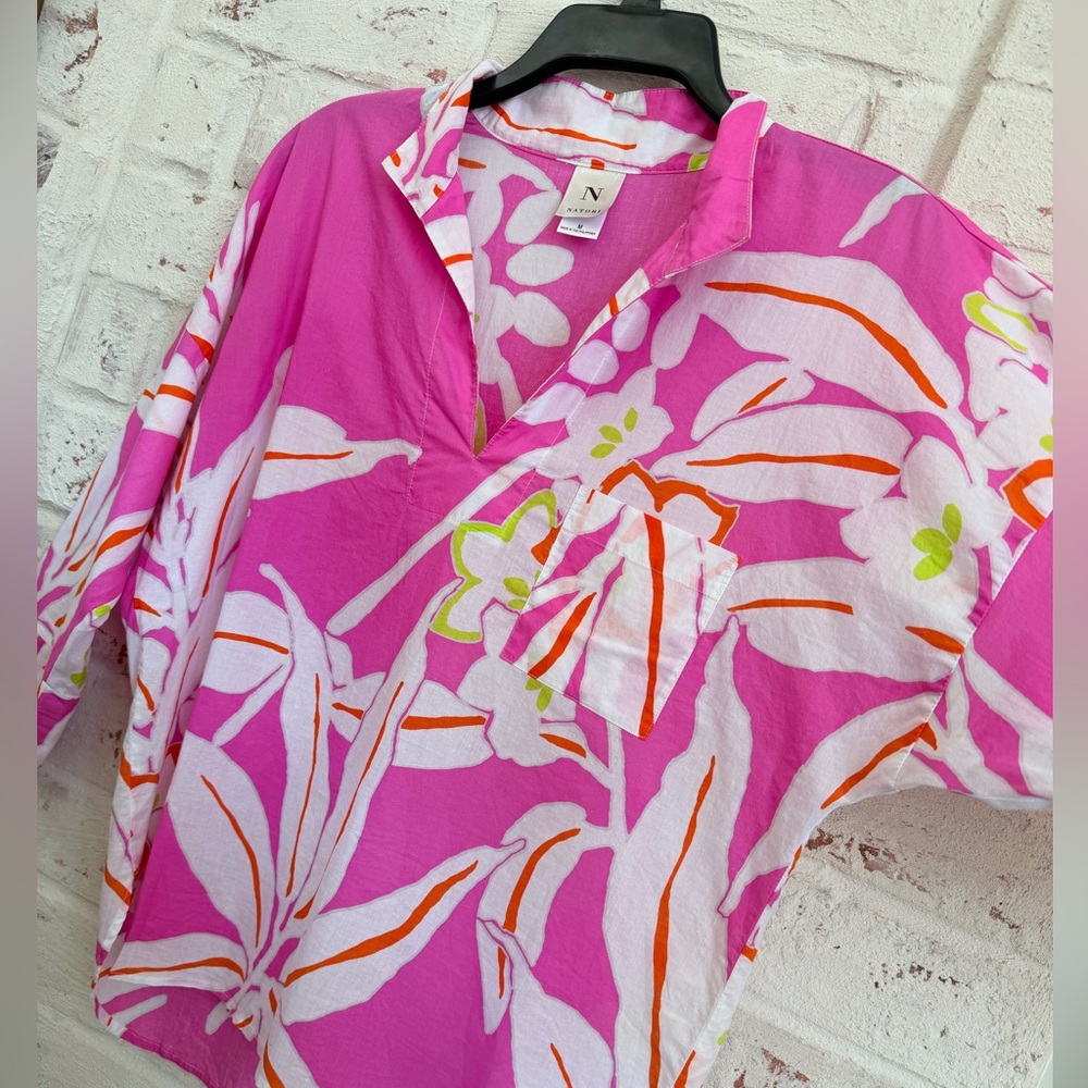 Natori Pink Floral Cotton Blouse | Tropical Print Relaxed Top Size M - Picture 6 of 12